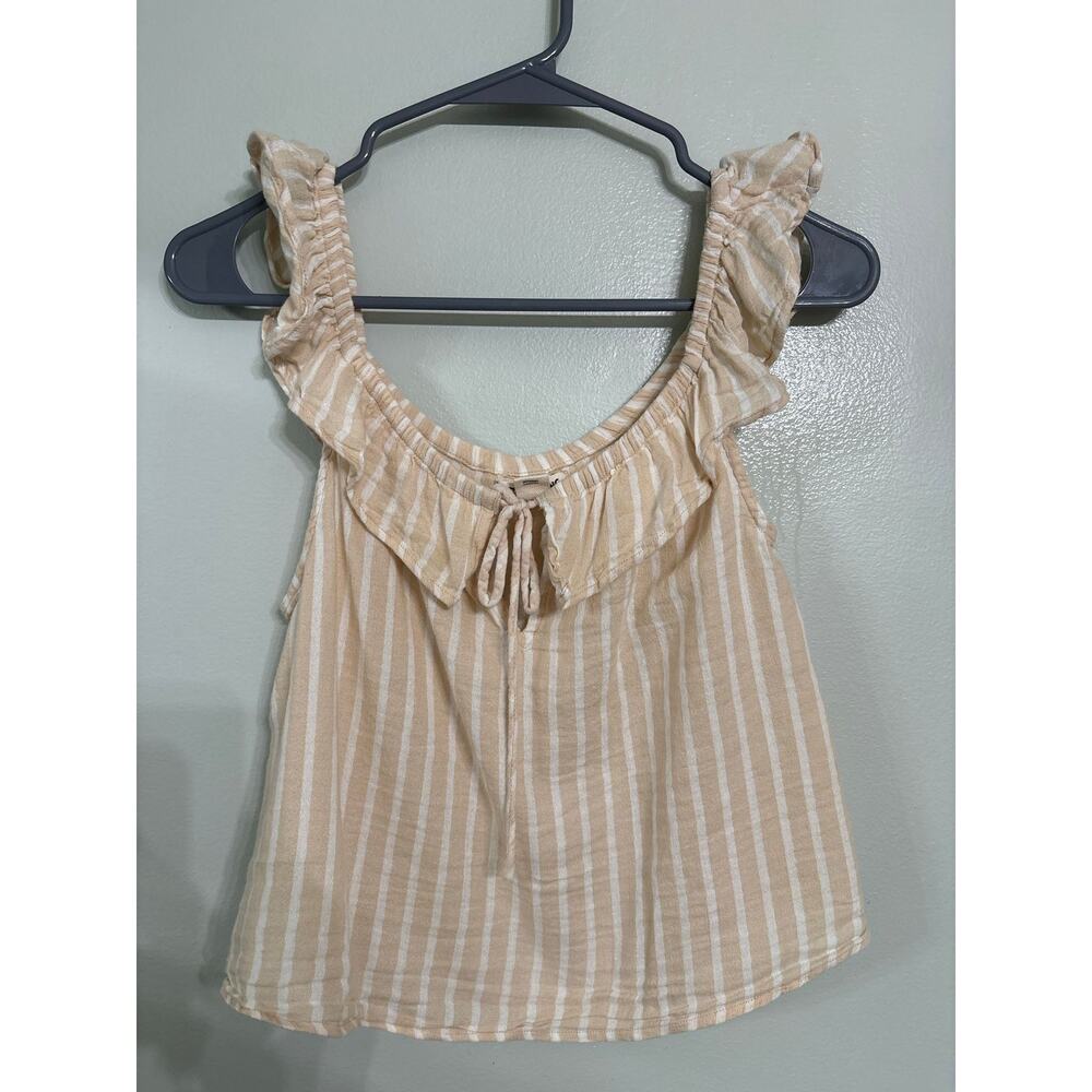 Billabong Beige & White Striped Ruffle Tank Top | Size Large